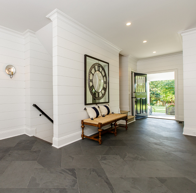 Shiplap Mudroom with slate tile in herringboone razilian Black Slate Cleft 16x24