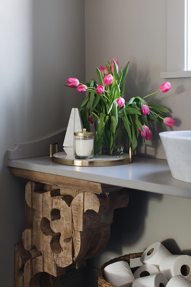 Washstand Corbels Bathroom washstand with reclaimed wood corbels base and grey quartz countertop Caesarstone in Raw Concrete