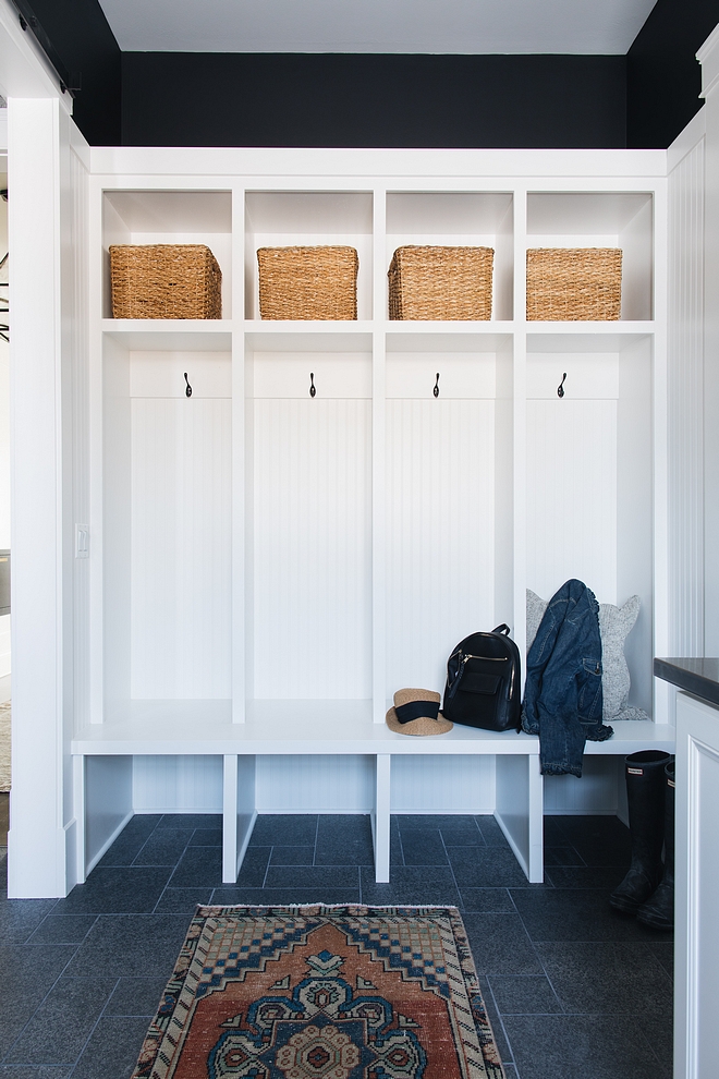 Mudroom cubbies are painted in Benjamin Moore OC-117 Simply White