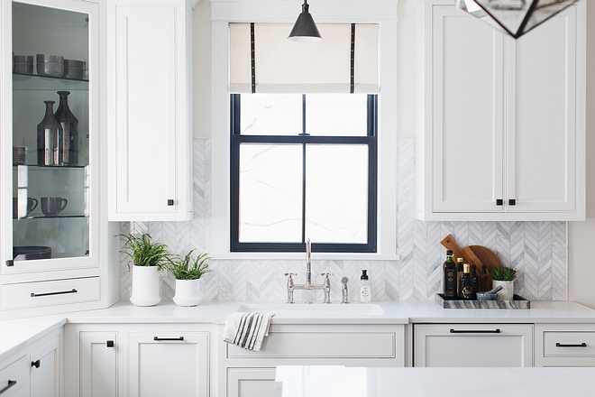 White kitchen with black windows I love the contrast of white kitchen with black windows It looks even better with matte black hardware and rubbed oil bronze lighting