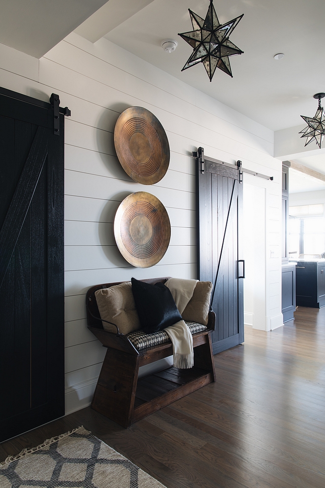 Simply White OC-117 by Benjamin Moore Shiplap farmhouse foyer with shiplap painted in Simply White OC-117 by Benjamin Moore 