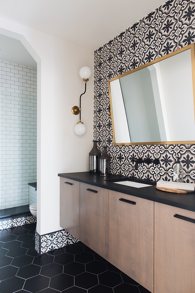 Farmhouse bathroom farmhouse bathroom with patterned wall tile and large hex floor tile