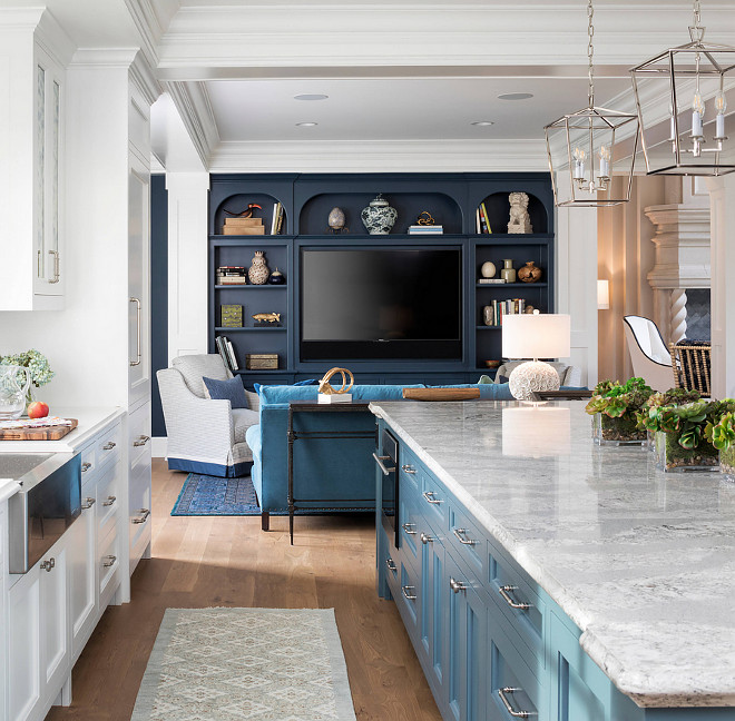 White Kitchen with blue island opens to family room with navy blue cabinets Kitchen ideas Blue kitchen island White Kitchen with blue island opens to family room with navy blue cabinets