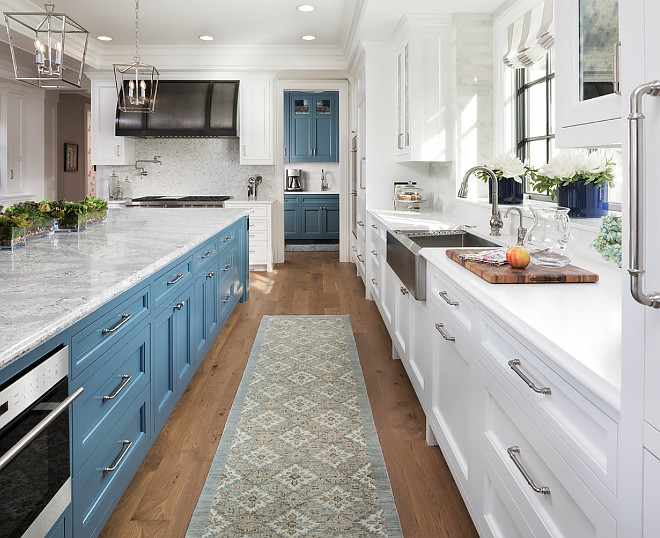 White kitchen with blue island and blue pantry Beautiful White kitchen with blue island and blue pantry blue kitchen island Beautiful kitchen with white perimeter cabinets, blue island and blue butler's pantry