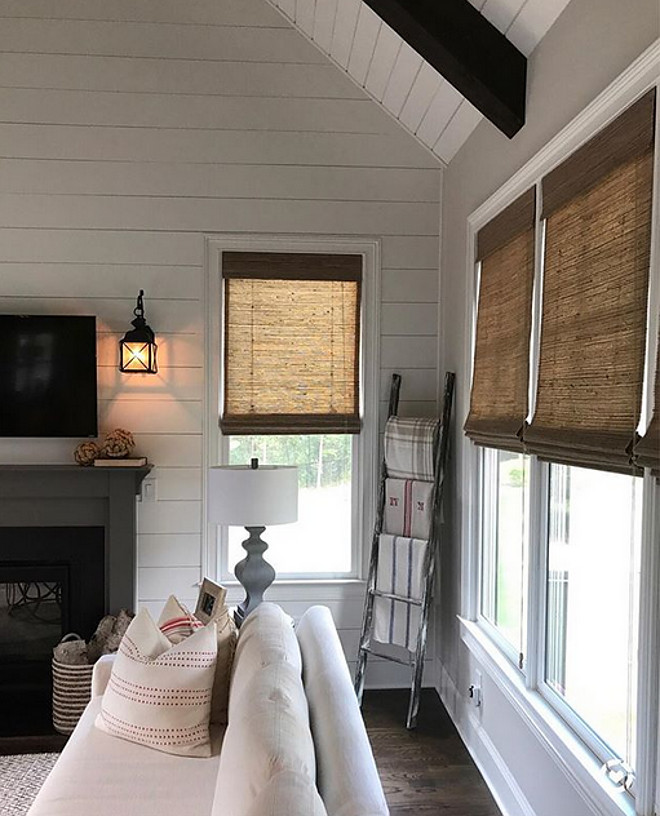 Woven roman shades with shiplap and beams Natural Shades