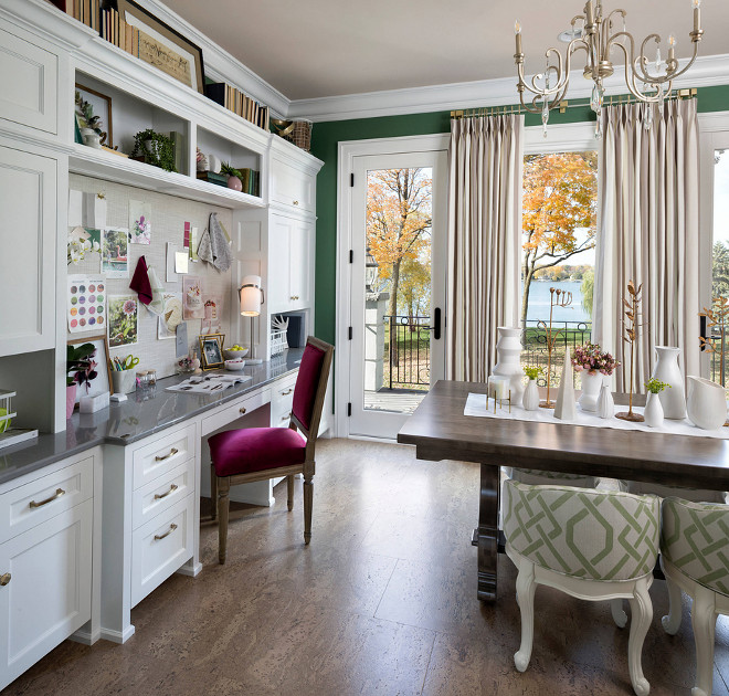 Cork flooring Home Office with cork flooring and green walls painted in Fairmont Green by Benjamin Moore Ceiling color is Night Mist by Benjamin Moore