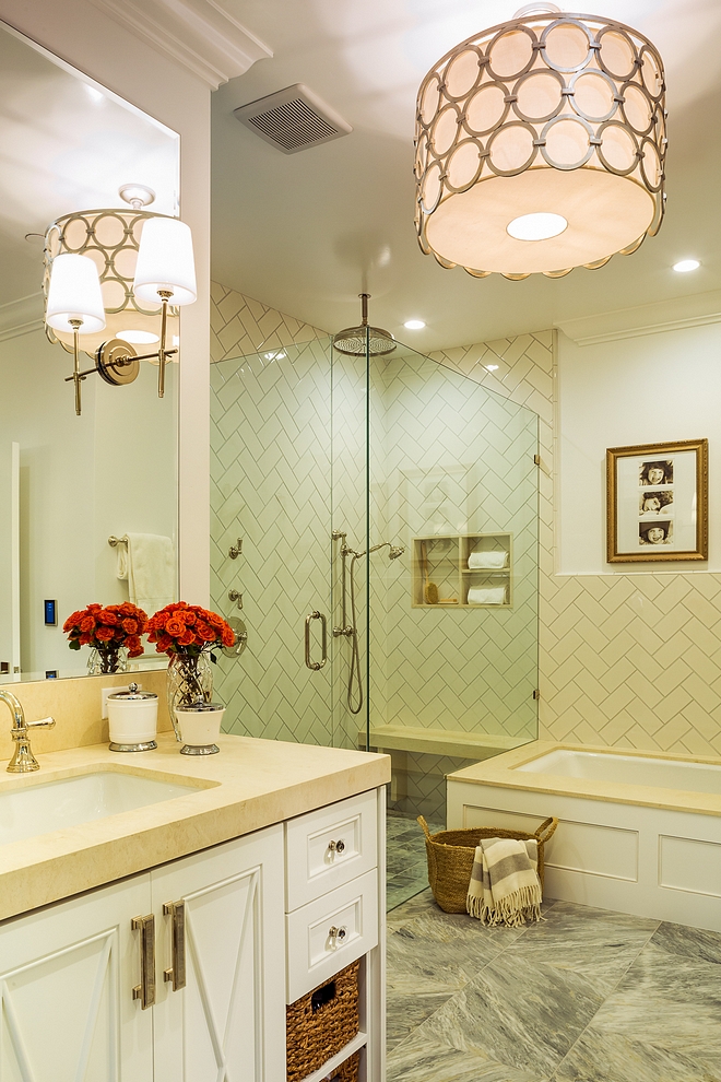 Bathroom Master bathroom curbless shower and herringbone shower wall tile continues to bathtub wall