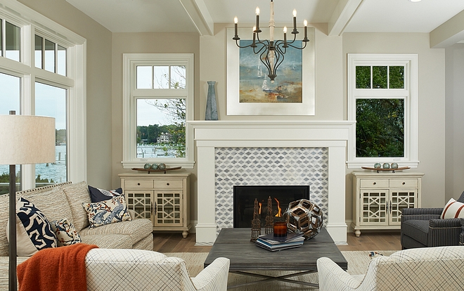 Windows flanking Fireplace Living room fireplace with windows #livingroom #fireplacewindow #fireplace #windows