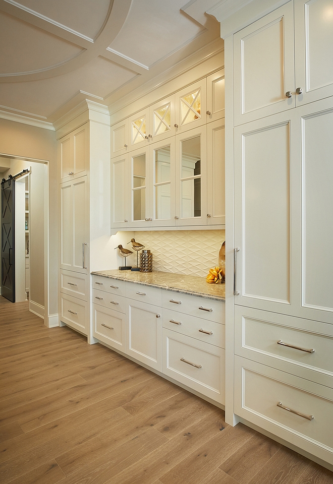 Hutch Cabinet Paint color is Benjamin Moore White Dove Kitchen hutch cabinet between paneled refrigerator and freezer The pantry with barn door is located just ahead Paint color is Benjamin Moore White Dove #hutch #kitchenhutch #hutchcabinet #BenjaminMooreWhiteDove