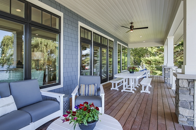 Porch Ceiling Fan and blue cedar shake siding