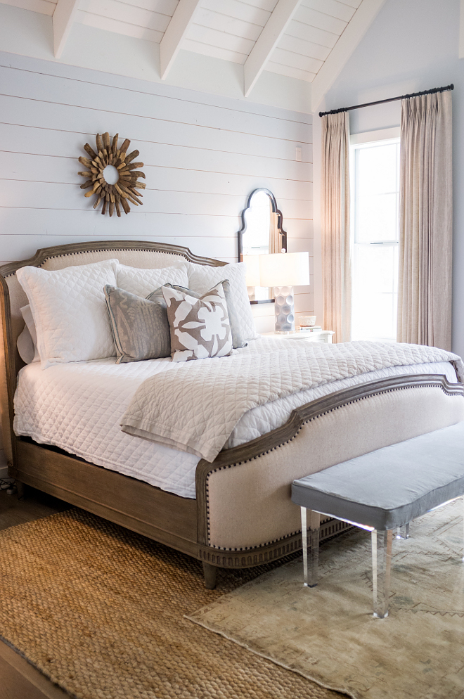 Master Bedroom Decor Neutral bedroom with jute rug linen drapes and neutral bedding