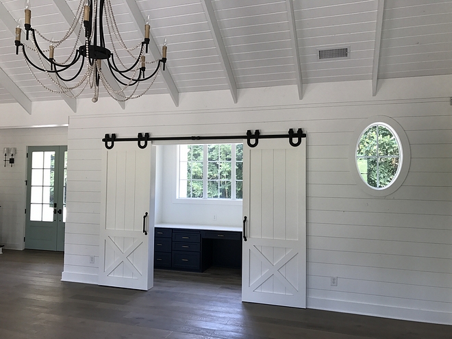 Half X Brace Barn Door Home Office Barn Door Shiplap walls shiplap ceiling hardwood floors home office off family room with Half X Brace Barn Doors