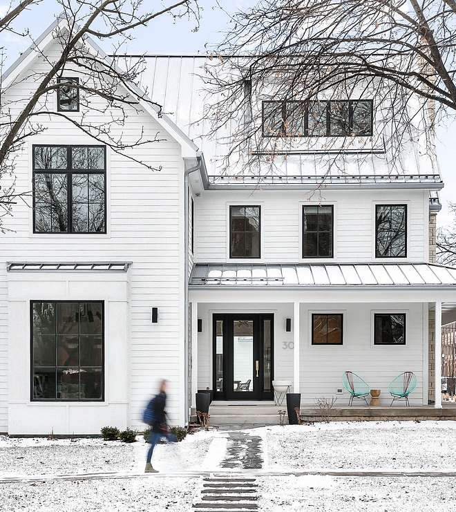 White Modern Farmhouse This white modern farmhouse also features black Pella windows and doors