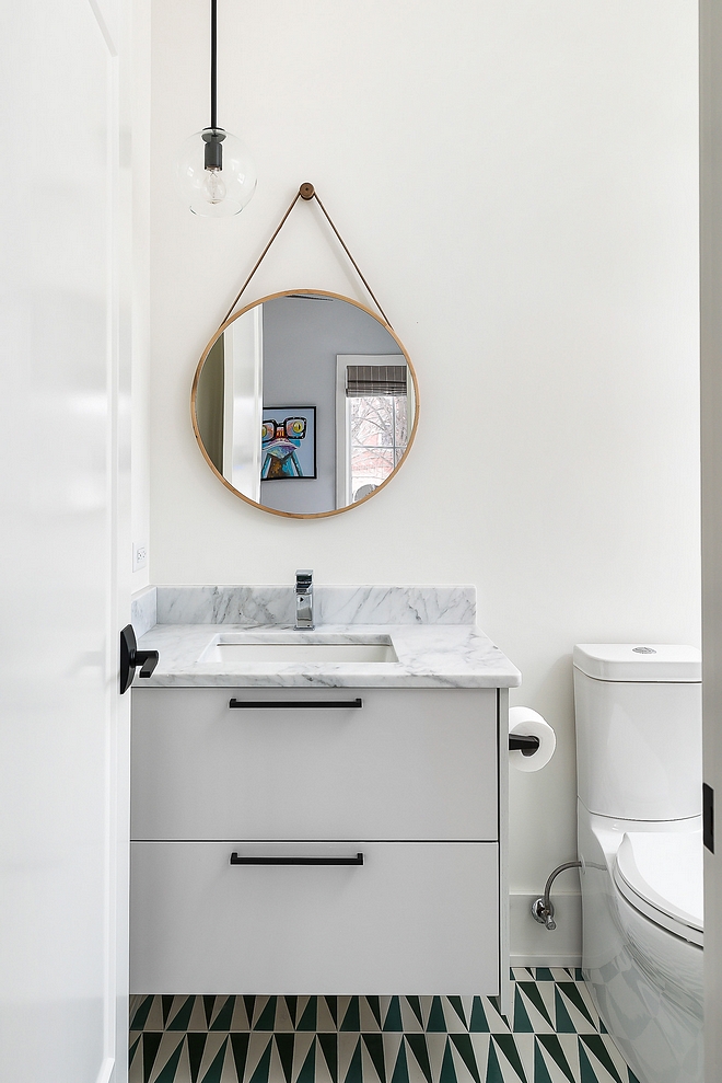 Benjamin Moore Gray Owl cabinet with Carrara marble countertop