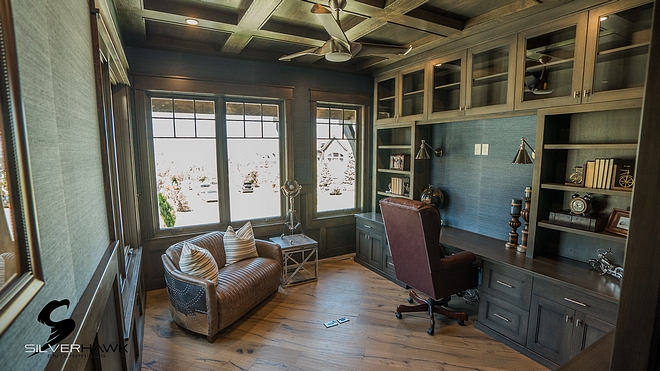 Home Office with Coffered Ceiling The home office features coffered ceiling and built-in desk flanked by built-in cabinets Home Office with Coffered built in desk and cabinets Ceiling Home Office with Coffered Ceiling Home Office with Coffered Ceiling