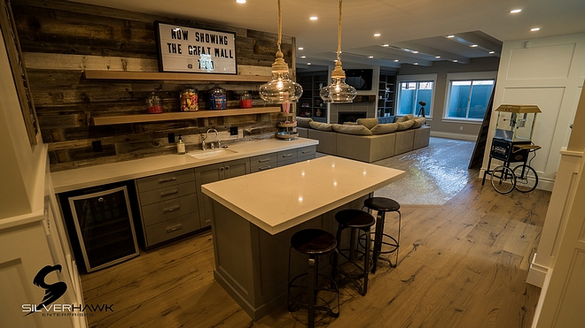 Farmhouse Basement Bar with reclaimed shiplap and white quartz countertop