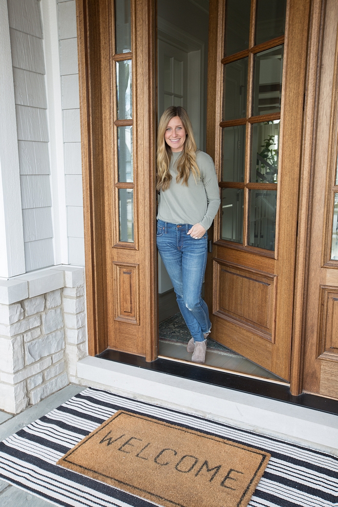 Front door doormat layred doormat black and white striped runner layered with welcome doormat layred doormat sources on Home Bunch