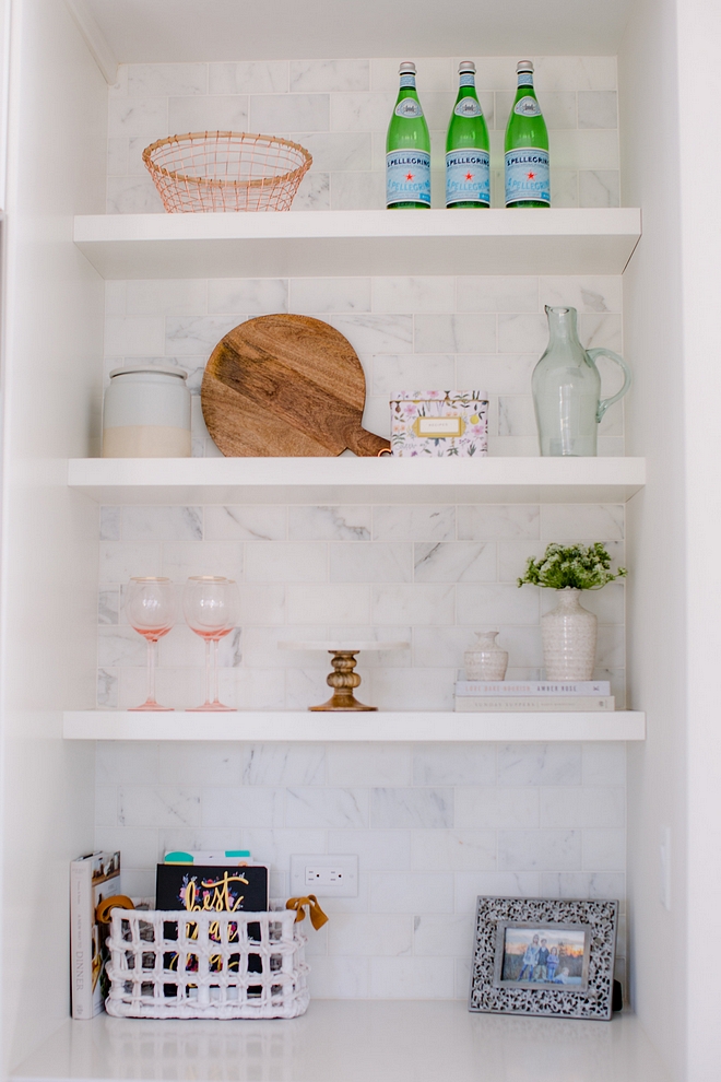 Kitchen open shelves with white marble subway tile backsplash Kitchen #kitchen #openshelves #whitemarblebacksplash