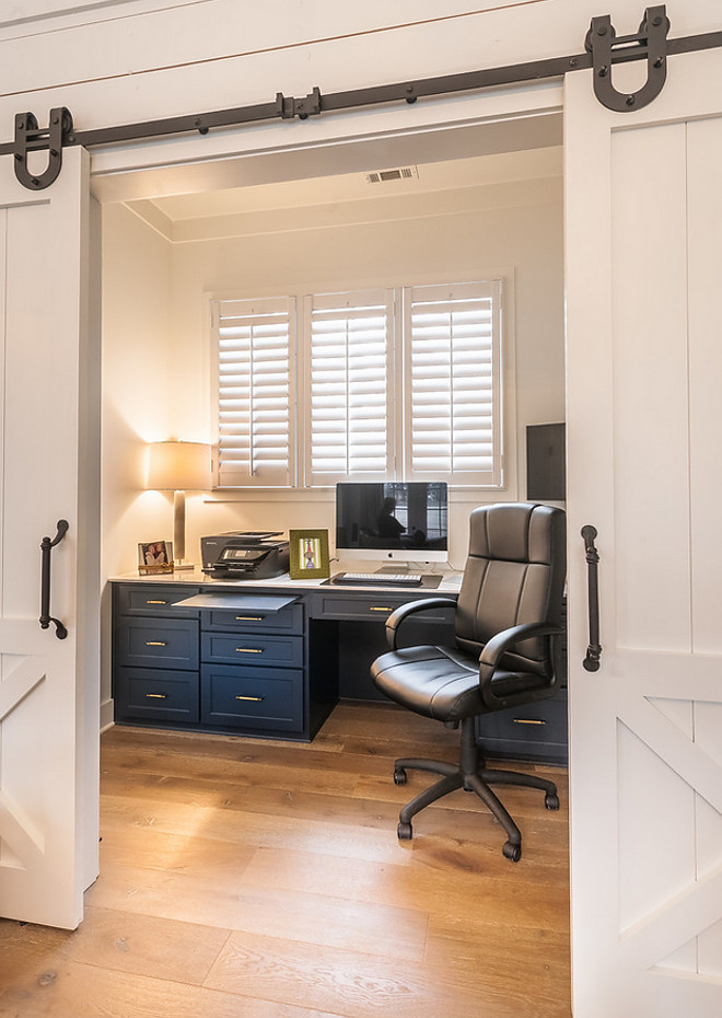 Home Office Barn Doors and custom cabinets painted in Benjamin Moore Hale Navy