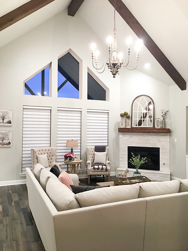 Vaulted ceiling with beams We knew we wanted vaulted ceilings with wood beams to make this space feel as open and airy as possible