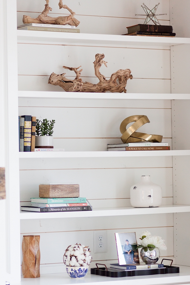 Farmhouse bookshelf with shiplap Farmhouse Bookshelf Decor Ideas Farmhouse Bookshelf Decor souces on Home Bunch Bookshelf Decor