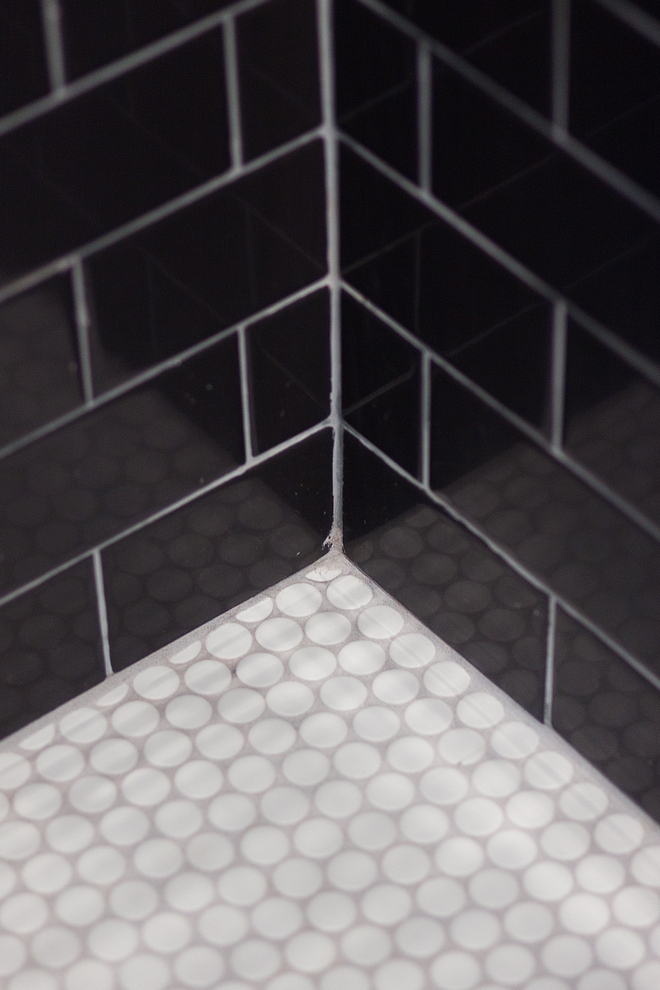Shower tile black wall tile with Penny Round white matte mosaic sheet floor tile