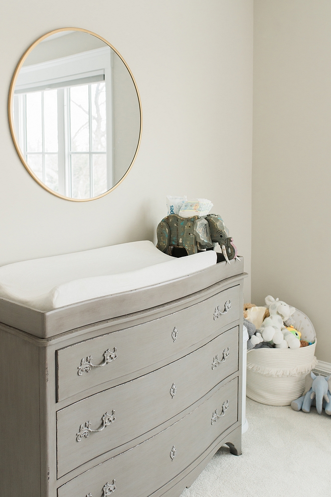 Grey changing table Restoration Hardware Harlowe Dresser source on Home Bunch