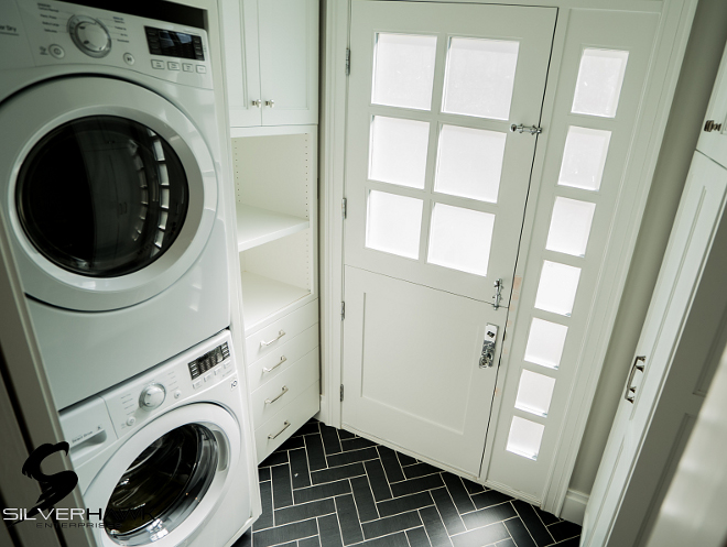 Small Mudroom Laundry Room with Dutch Door and black herringbone floor tile Small Mudroom Laundry Room with Dutch Door and black herringbone floor tile Cabinet Paint Color Super White by Benjamin Moore