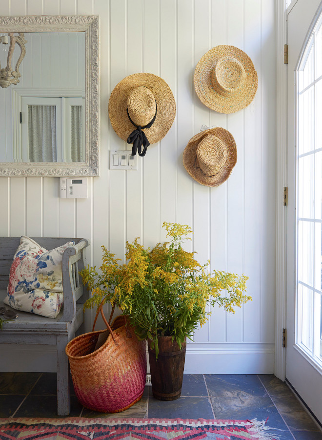 Vertical Shiplap Coastal Farmhouse Foyer Cottage foyer with vertical shiplap paneling