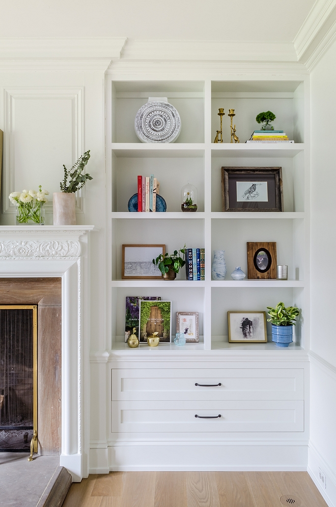 Living room built in bookcase with drawers