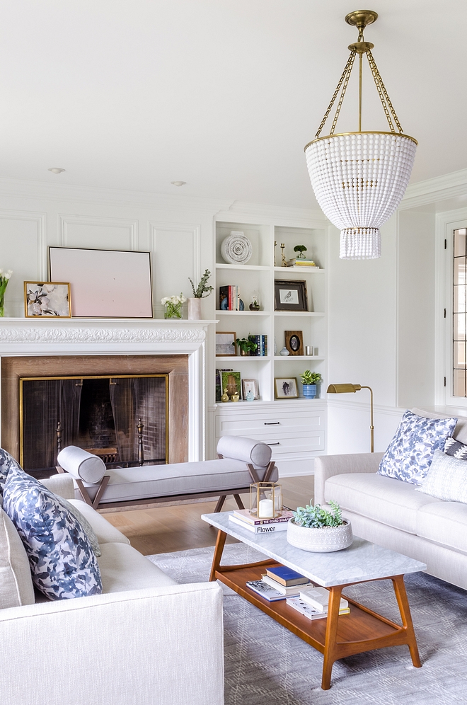 The Formal Living Room is my favorite as it effortlessly blends traditional, transitional, and mid century modern pieces into one cohesive room. The coffee table is from West Elm The showstopper in the room is the Visual Comfort Jacqueline beaded chandelier by Aerin Lauder