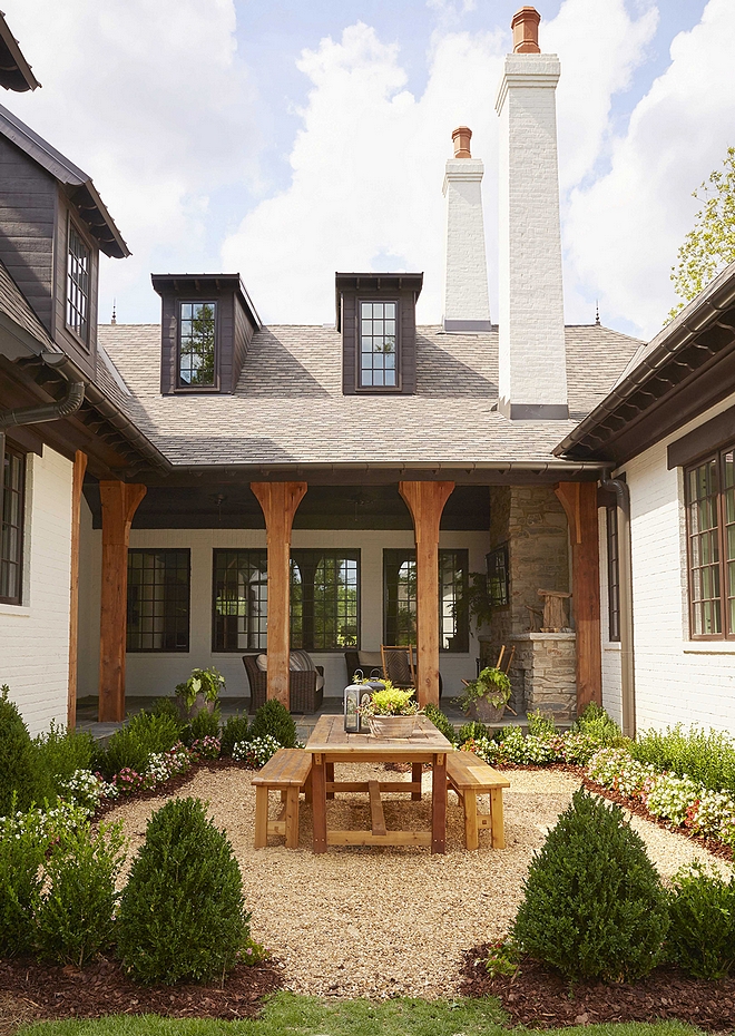 Backyard courtyard private backyard ideas The “U” shape of the house created a cozy back porch and courtyard for the homeowners Porch columns are Cedar