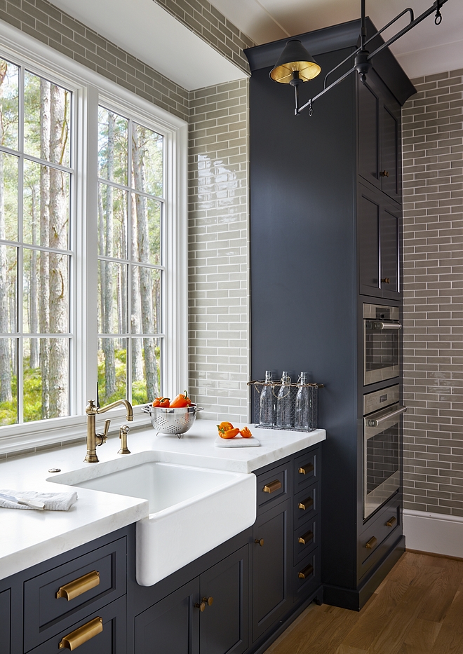 Kitchen backsplash and scullery walls are Walker Zanger’s Gramercy Park crackled tile in Pipe Smoke #kitchen #backsplash #subwaytile #tile