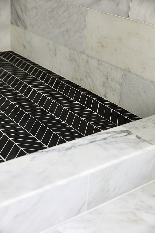 Carrara marble shower tile with black chevron shower floor tile 12 x 24 Carrara marble shower tile with black chevron shower floor tile #Carraramarbleshower #showertile #blackchevrontile #showerfloortile #floortile