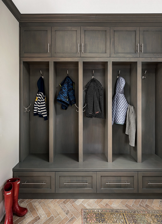 Dark mudroom cabinet We stained the cabinets a warm gray color so scuffs, scratches and even messy-kid finger prints will be hidden The cabinets are maple and finished in a weathered grey stain #Darkmudroomcabinet #mudroomcabinet #mudroom