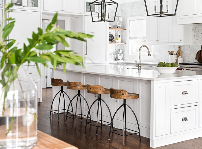 White kitchen island White kitchen island with grey quartz countertop and wood counterstools with metal base White kitchen island #Whitekitchenisland