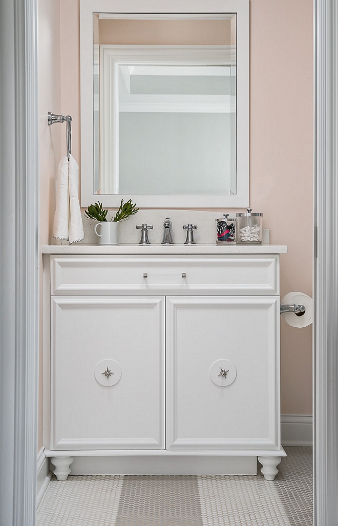 BM White Heron Bathroom vanity is custom and painted in BM White Heron BM White Heron #BMWhiteHeron