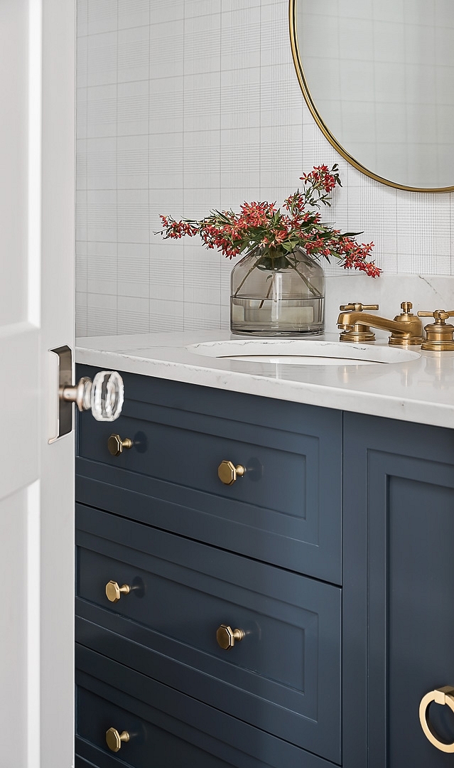 Hale Navy by Benjamin Moore cabinet with brass hardware Bathroom cabinet Hale Navy by Benjamin Moore cabinet with brass hardware #HaleNavybyBenjaminMoore