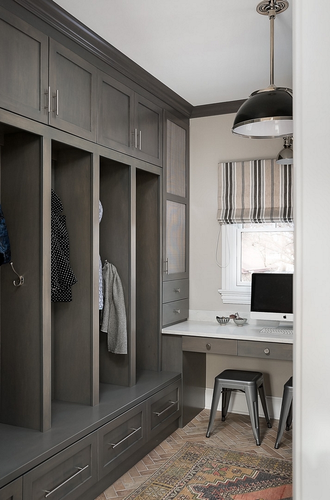 Modern Farmhouse Mudroom with herringbone brick floor and grey stained mudroom lockers Dirt won't show in this mudroom #farmhouse #farmhousemudroom #mudroom