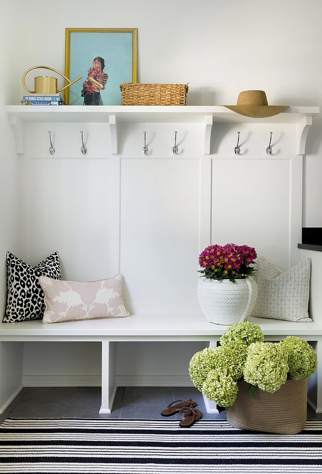 Mudroom Bench and shelf Simple and inexpensive mudroom ideas Save money by not building lockers and just add a shelf hooks and a built in bench #Mudroom #MudroomBench #mudroomshelf