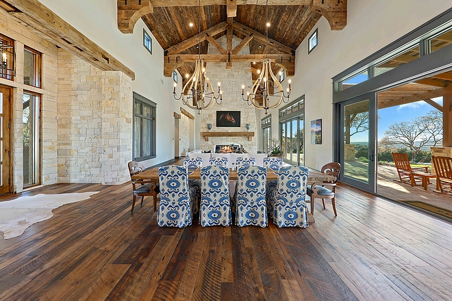 Dining room Front door opens to dining room with large doors to back patio #diningroom