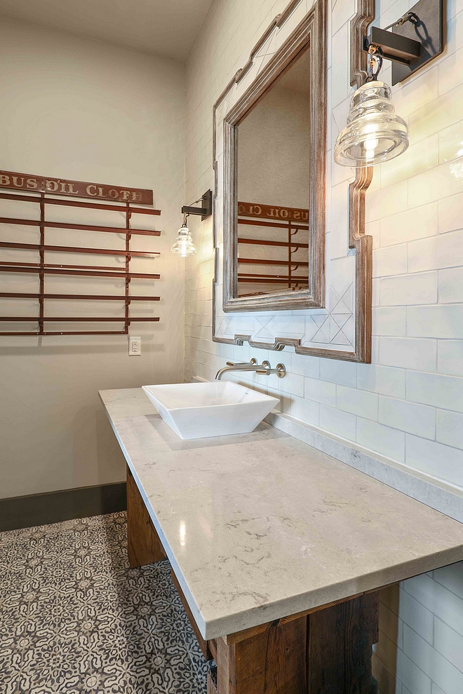 Farmhouse Bathroom with accent tile Walker Zanger Cafe Milk Tile Farmhouse Bathroom with accent tile Farmhouse Bathroom with accent tile #FarmhouseBathroom #accenttile