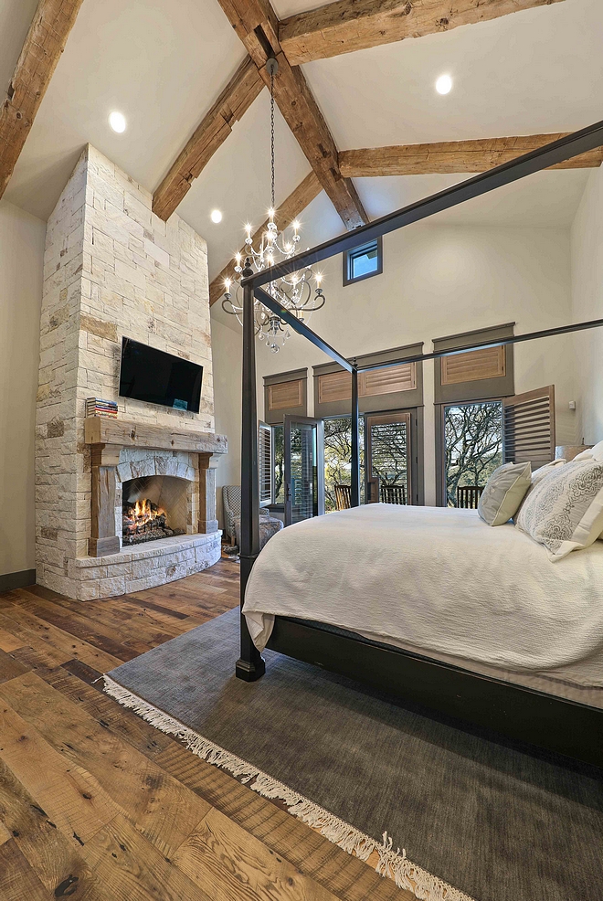 Bedroom Reclaimed Beams Bedroom Reclaimed Beams Bedroom Reclaimed Beam and stone fireplace with reclaimed wood mantel Bedroom Reclaimed Beam #Bedroom #ReclaimedBeams