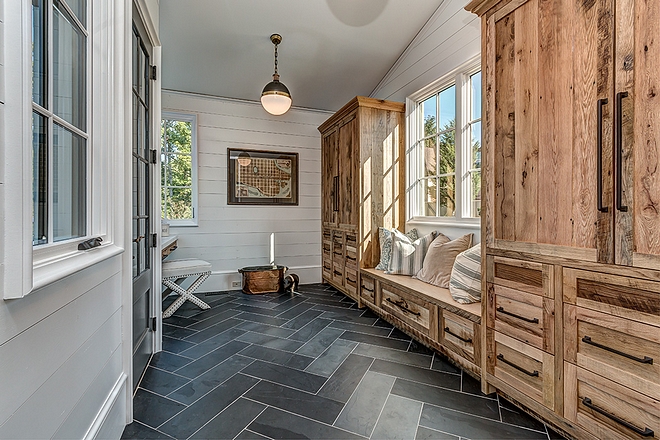 Mudroom cabinet Mudroom features reclaimed white oak cabinets with a clear, matte sealant #mudroomcabinet #reclaimedwood #cabinet