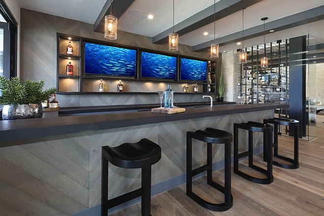 Bar Countertop Pierre Bleue Granite Chic Basement bar with multiple tvs chevron shiplap and Pierre Bleue Granite #Bar #Countertop #PierreBleue #Granite