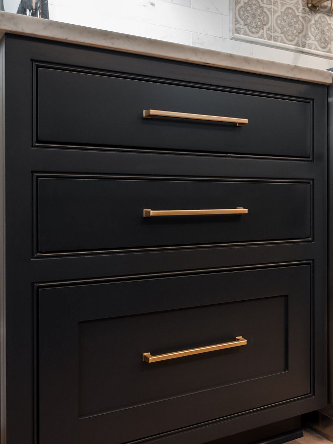 Brass Pull on black cabinets Benjamin Moore Soot cabinet #cabinet #BenjaminMooreSoot