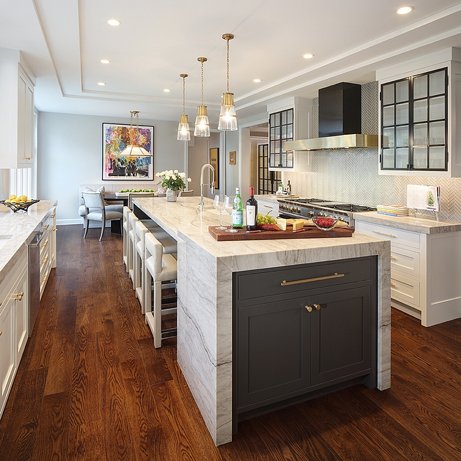 Iron Ore by Sherwin Williams Iron Ore by Sherwin Williams Dark Grey kitchen island with white marble Iron Ore by Sherwin Williams paint color