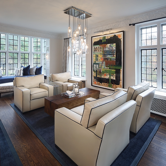 Chairs are Custom W Home Collection chairs in an off white Edelman leather with a contrast welting in a deep blue leather piping