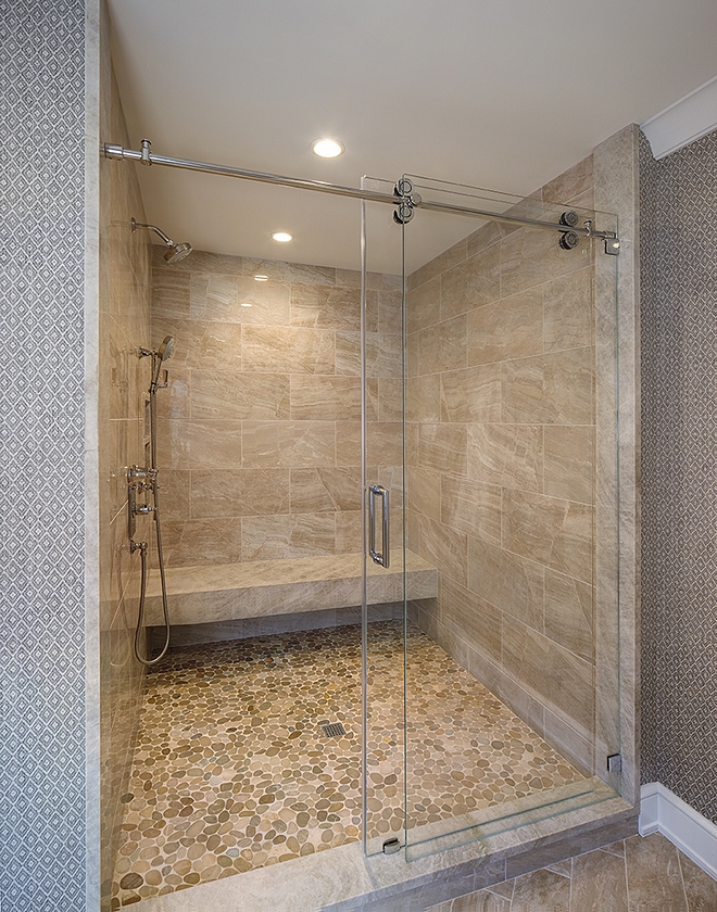 Shower floor is a natural pebble mosaic