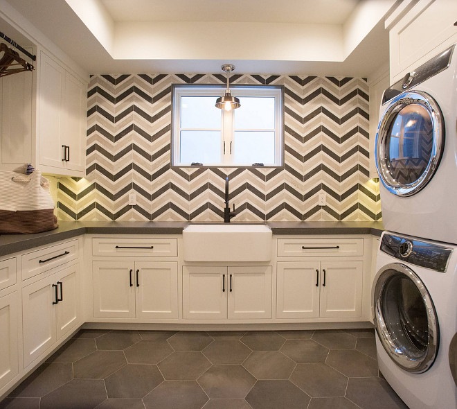 Chevron Tile Walker Zanger Sterling Row Tuxedo and Linen Laundry room chevron tile Laundry room chevron tile #Laundryroom #chevrontile